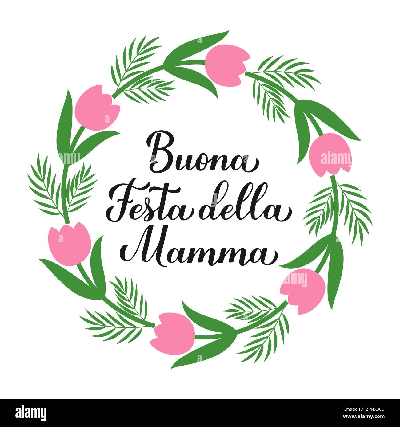 Buona festa della Mamma calligrafia scritta a mano. Felice Giornata delle  madri in italiano. Corona di foglie, rami e fiori. Modello vettoriale per  la tipografia Immagine e Vettoriale - Alamy