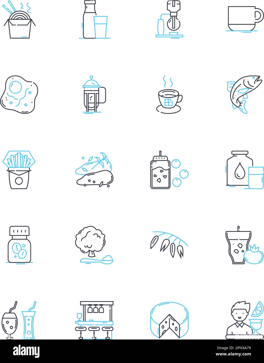 Set di icone lineari per ingegneria alimentare. Nutrizione, sensoriale, trattando, conservazione, fermentazione, Confezionamento, vettore di linea di qualità e segnali concettuali Illustrazione Vettoriale