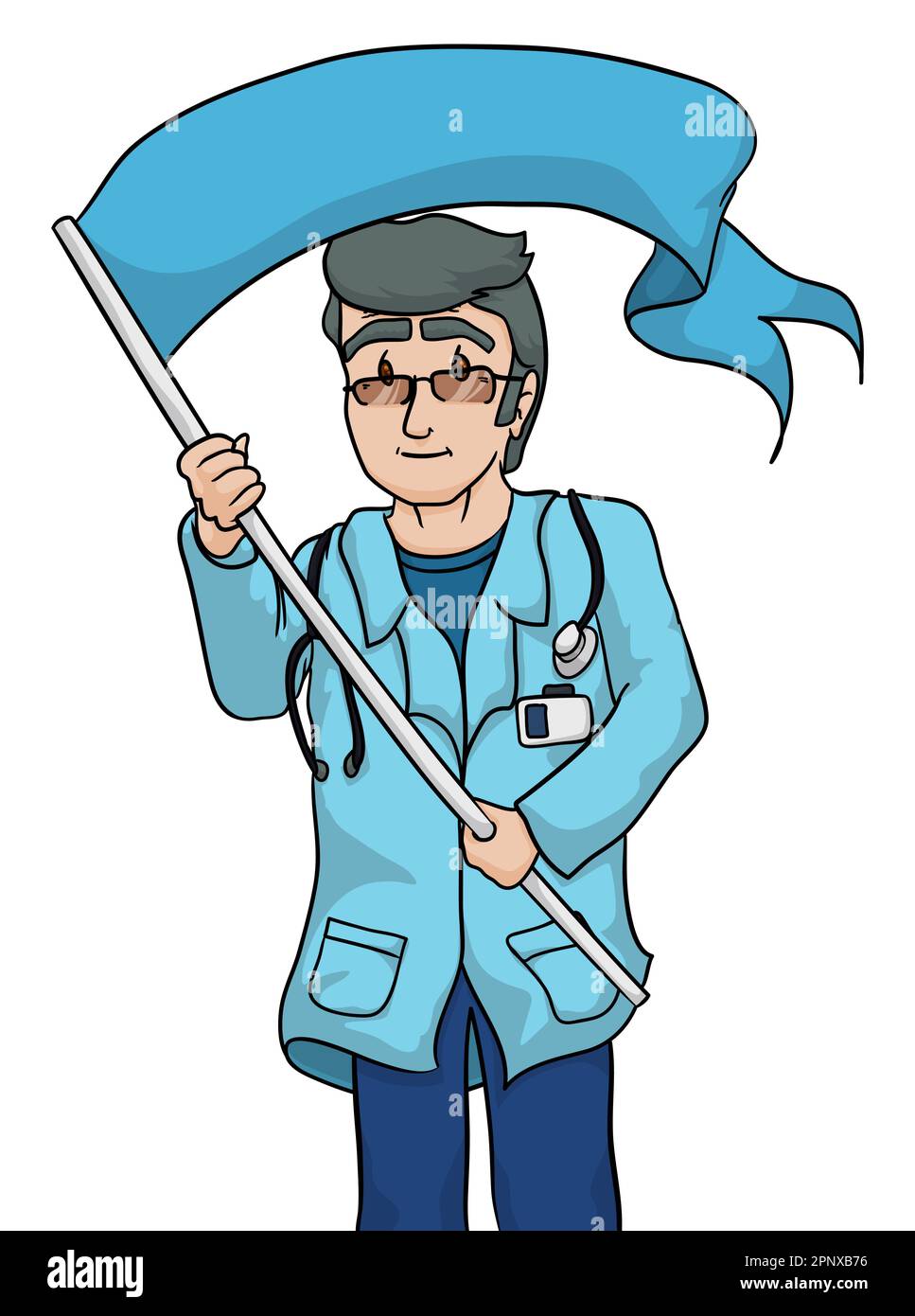 Medico più anziano con capelli grigi, occhiali, camice da laboratorio blu, stetoscopio sul collo, reggendo il flagpole d'argento con panno blu. Modello in stile cartone animato. Illustrazione Vettoriale