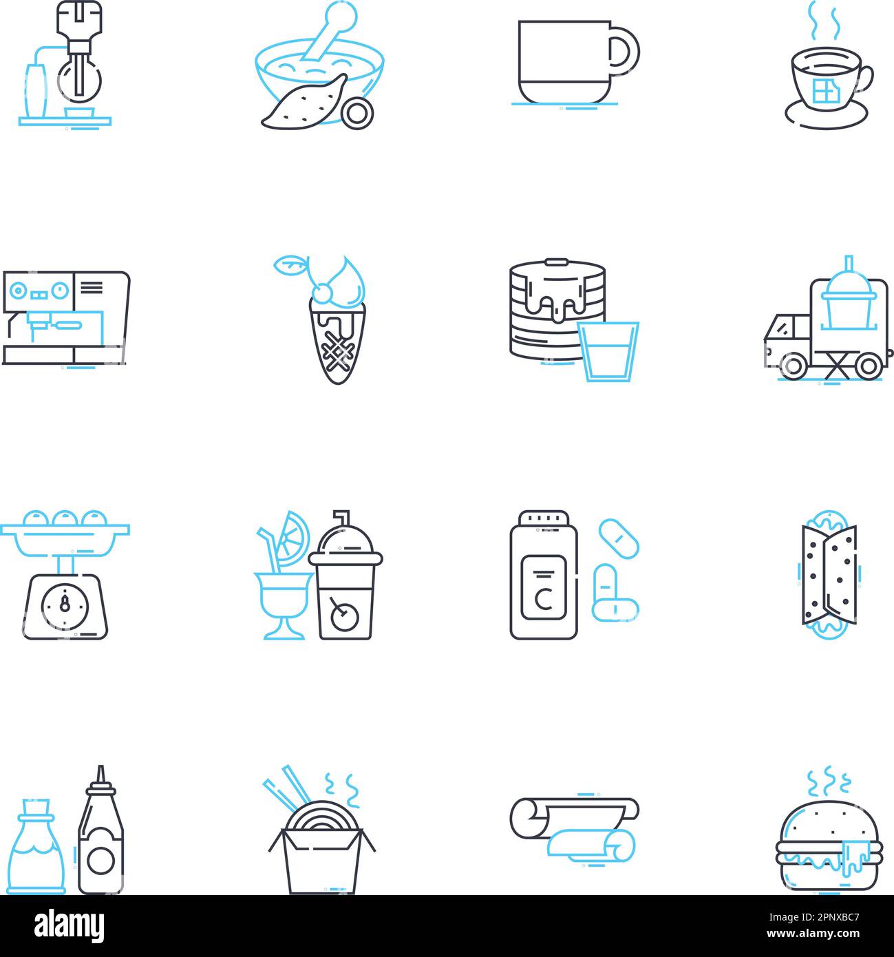 Set di icone lineari per ingegneria alimentare. Nutrizione, sensoriale, trattando, conservazione, fermentazione, Confezionamento, vettore di linea di qualità e segnali concettuali Illustrazione Vettoriale