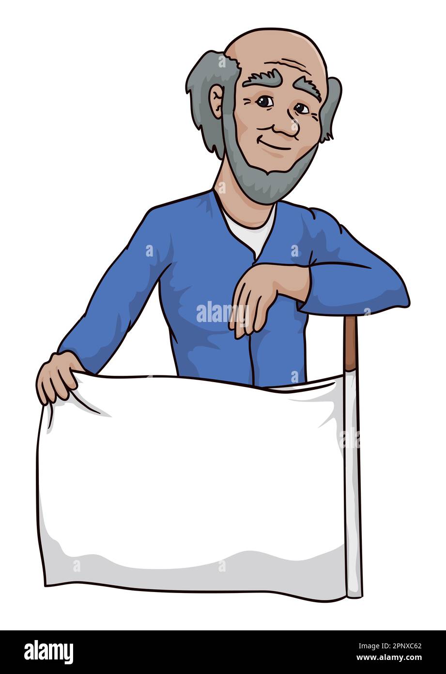 Vecchio con testa calva e barba grigia, con camicia blu e un panno bianco. Modello in stile cartone animato. Illustrazione Vettoriale