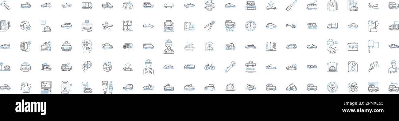 Collezione di icone della linea di trasporto. Spostamenti, traffico, metropolitana, bicicletta, treno, Traghetto, vettore carpool e illustrazione lineare. Giro-sharing, autobus, metropolitana Illustrazione Vettoriale