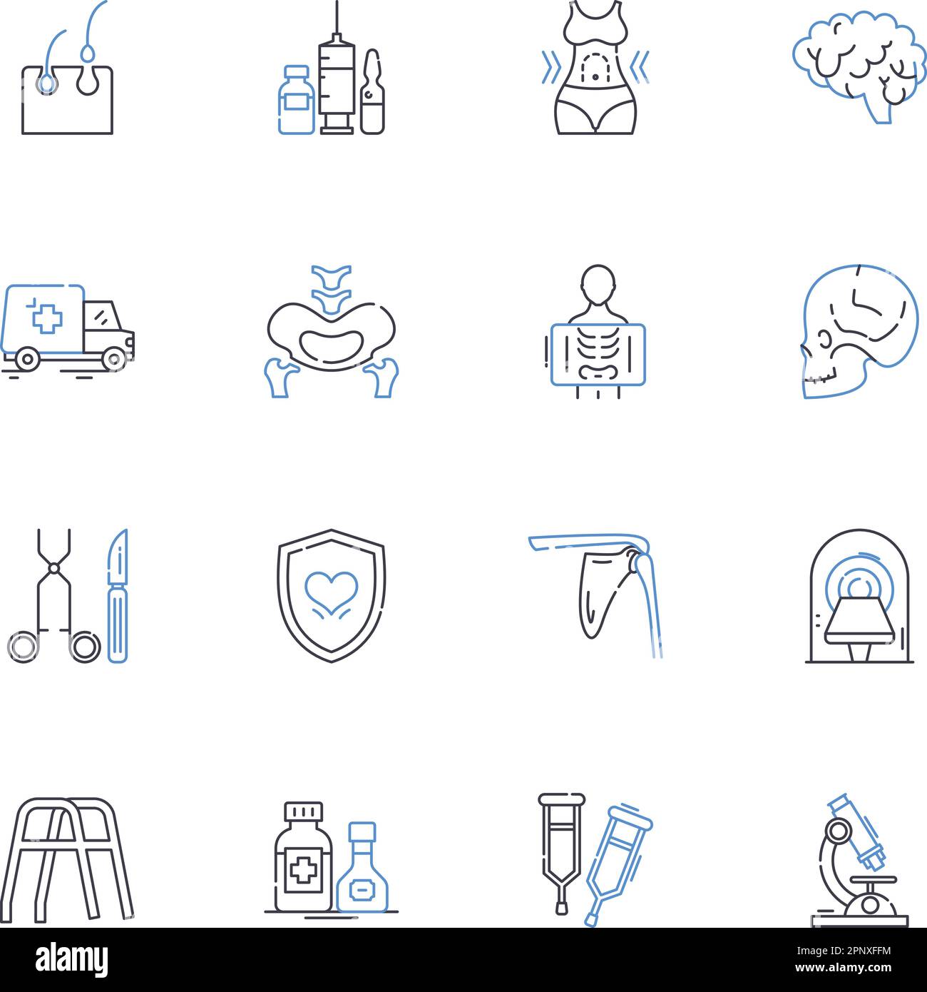 Raccolta delle icone delle linee di scansione TC. Radiologia, imaging, diagnosi, cancro, tumore, Cervello, vettore colonna vertebrale e illustrazione lineare. Cuore,Addome,contorno torace Illustrazione Vettoriale