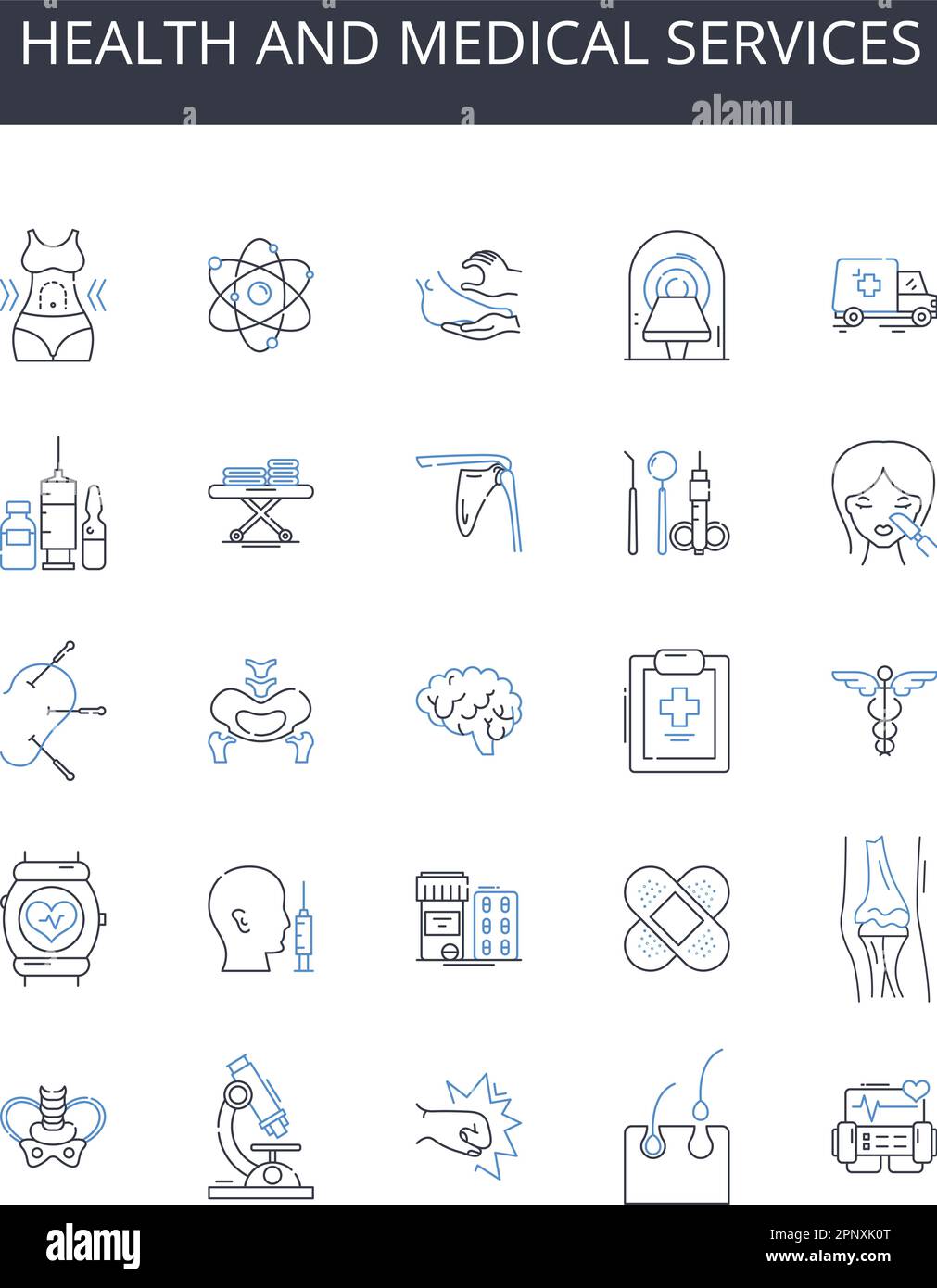 Raccolta di icone della linea di servizi sanitari e medici. Diritto e ordine, alimentazione e nutrizione, Educazione e apprendimento, Arte e cultura, Affari e Commercio Illustrazione Vettoriale