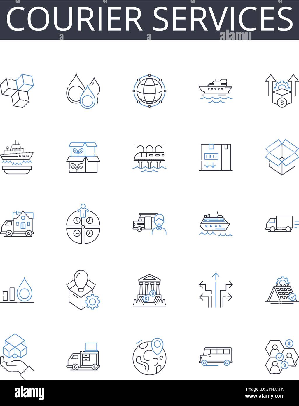 Raccolta di icone della linea dei servizi di corriere. Consegna merci, corrieri della posta, trasporti di pacchi, gestori di spedizioni, spedizioni espresse, Agenti di consegna Illustrazione Vettoriale