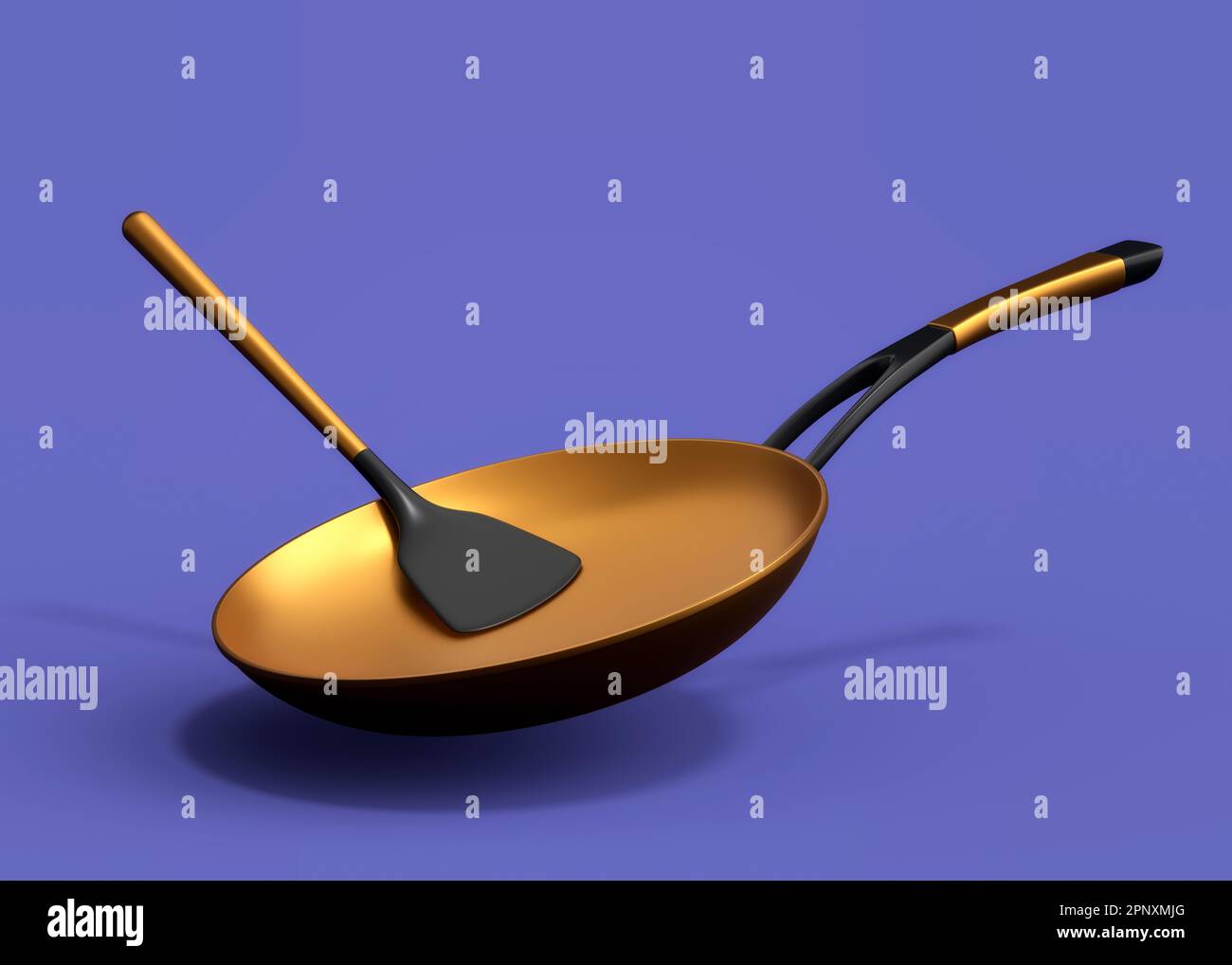 Padella con coperchio in vetro e turner solido in silicone su sfondo blu. Foto Stock