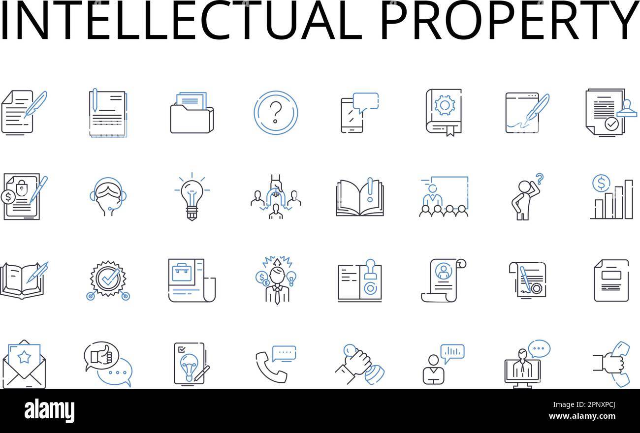 Collezione di icone della linea della proprietà intellettuale. Proprietà privata, diritti legali, diritto d'autore, segreti commerciali, invenzioni brevettate, Dati proprietari Illustrazione Vettoriale