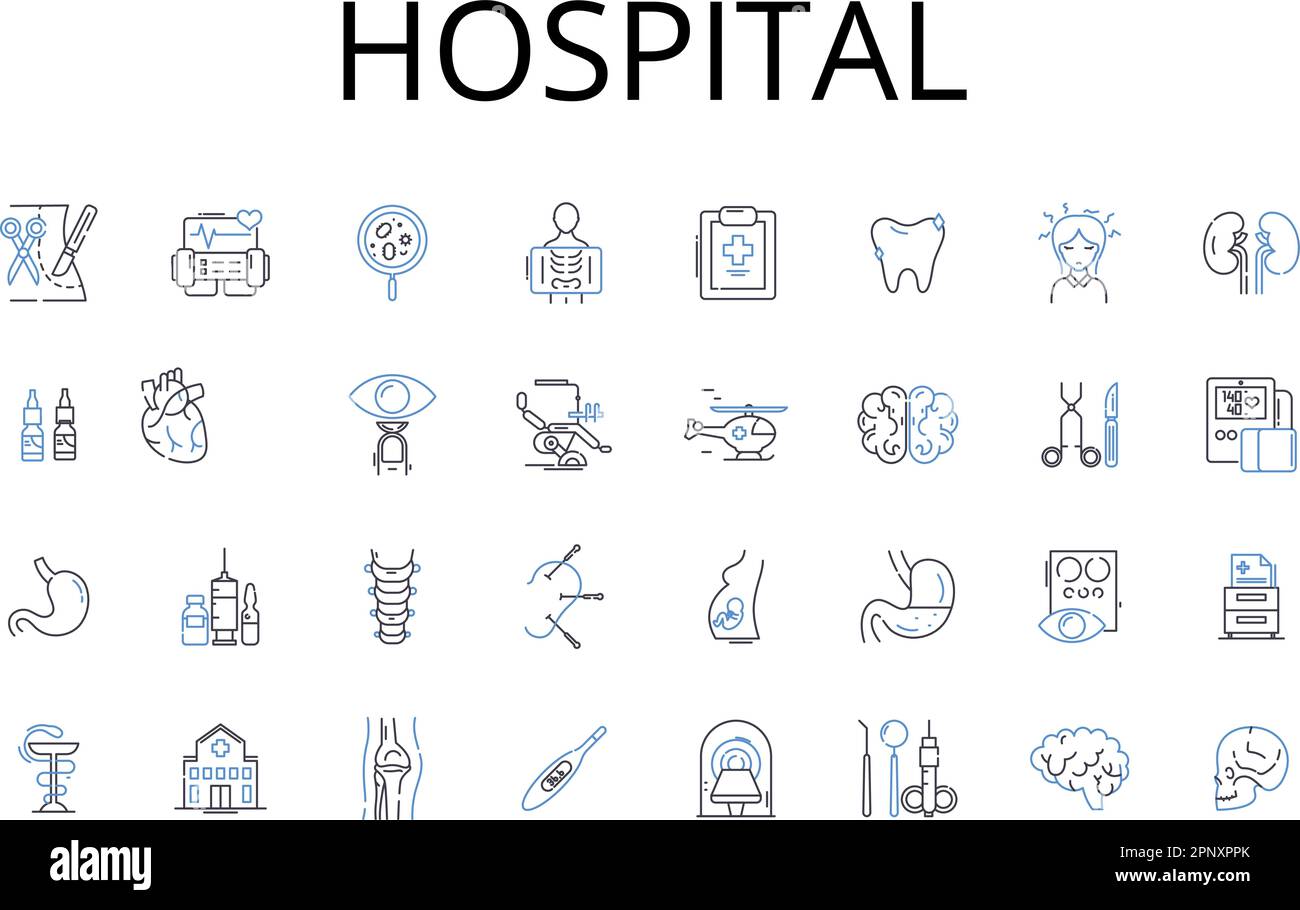 Raccolta delle icone delle linee ospedaliere. Clinica, infermeria, Centro medico, Centro sanitario, sanitarium, Casa di cura, vettore dispensario e illustrazione lineare Illustrazione Vettoriale
