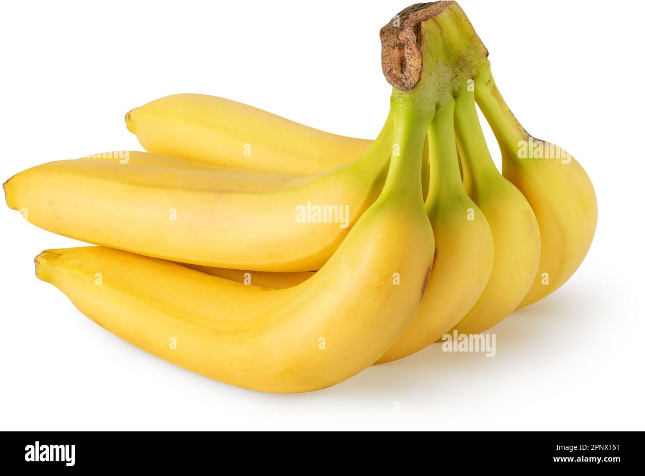 Mazzo di sei banane frutta isolato su sfondo bianco con percorso di ritaglio Foto Stock