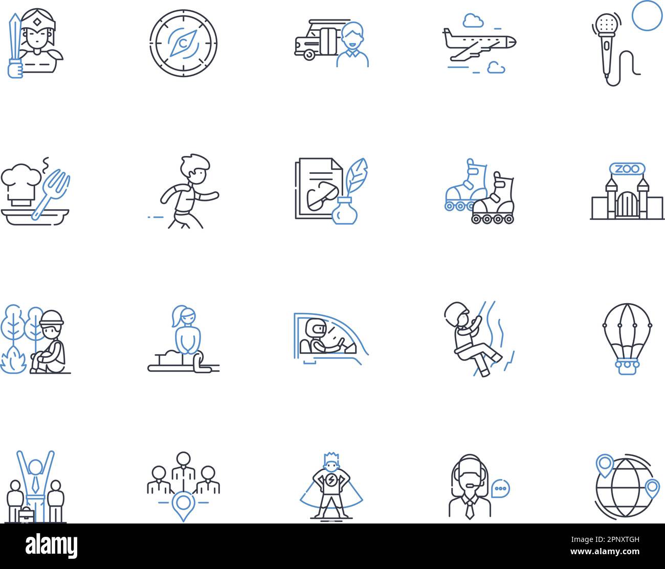 Collezione icone linea vacanza sci. Polvere, Montagne, Inverno, piste, Avventura, Resort, vettore Snowboard e illustrazione lineare. Lodge, famiglia Illustrazione Vettoriale