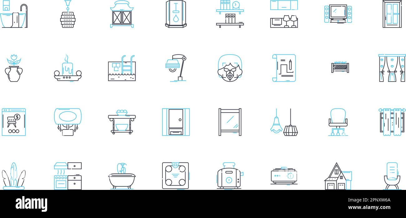 Set di icone lineari abitazioni. Casa, Castello, Mansion, Cabin, tipi, Yurt, vettore di linea Treehouse e segnali concettuali. Appartamento, Condo, Bungalow profilo Illustrazione Vettoriale