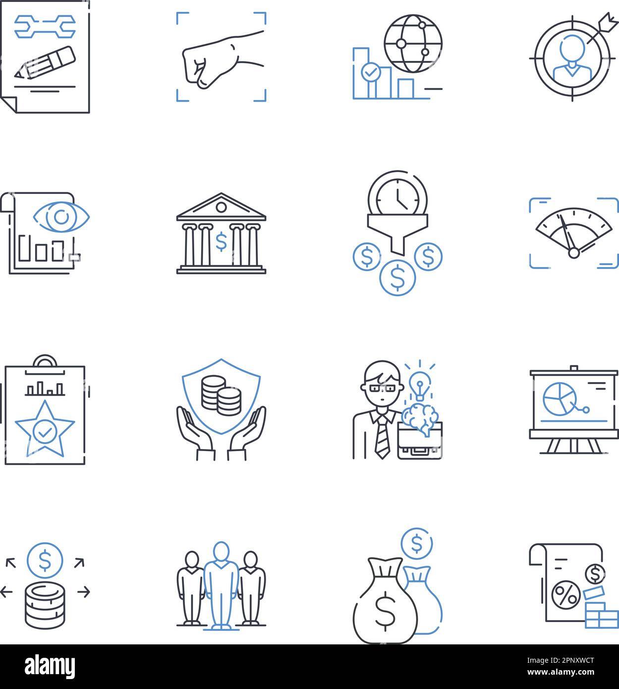 Collezione di icone della linea commerciale. Impresa, industria, Affari, Commercio, mercato, Azienda, rapporti vettoriali e illustrazione lineare Illustrazione Vettoriale