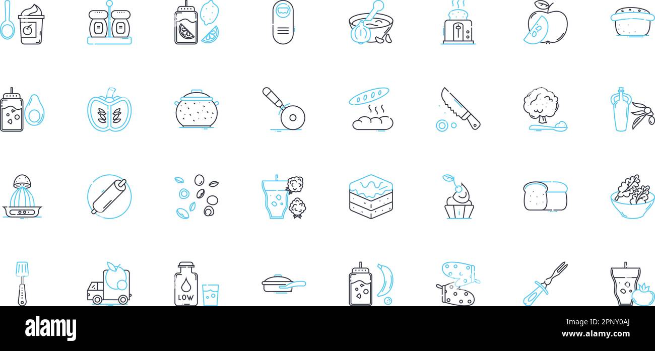 Icone lineari caffetteria set. Cibo, mensa, Eatery, Ristorante, Sala pranzo, Ristoranti, linee informali e cartelli concettuali. Buffet, bevande, bevande Illustrazione Vettoriale