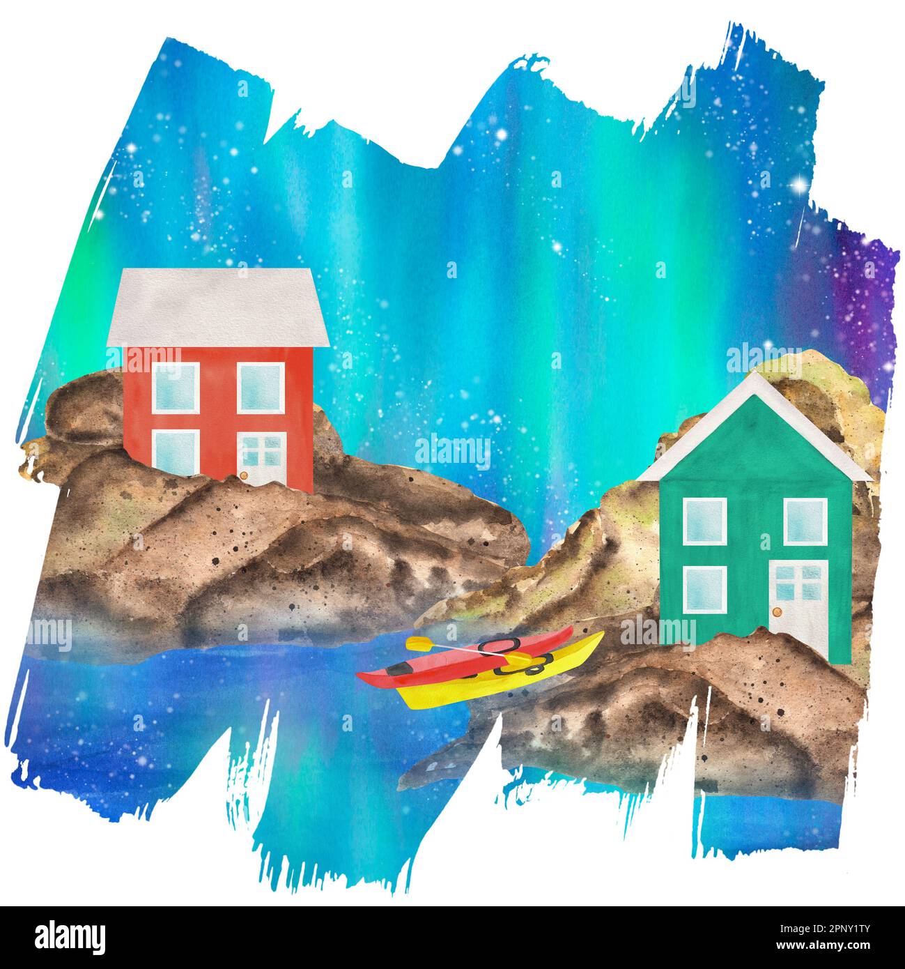 Case in acquerello disegnate a mano sulla riva del mare con luci settentrionali sullo sfondo. Una parte della grande serie DI illustrazioni ISLANDESI Foto Stock