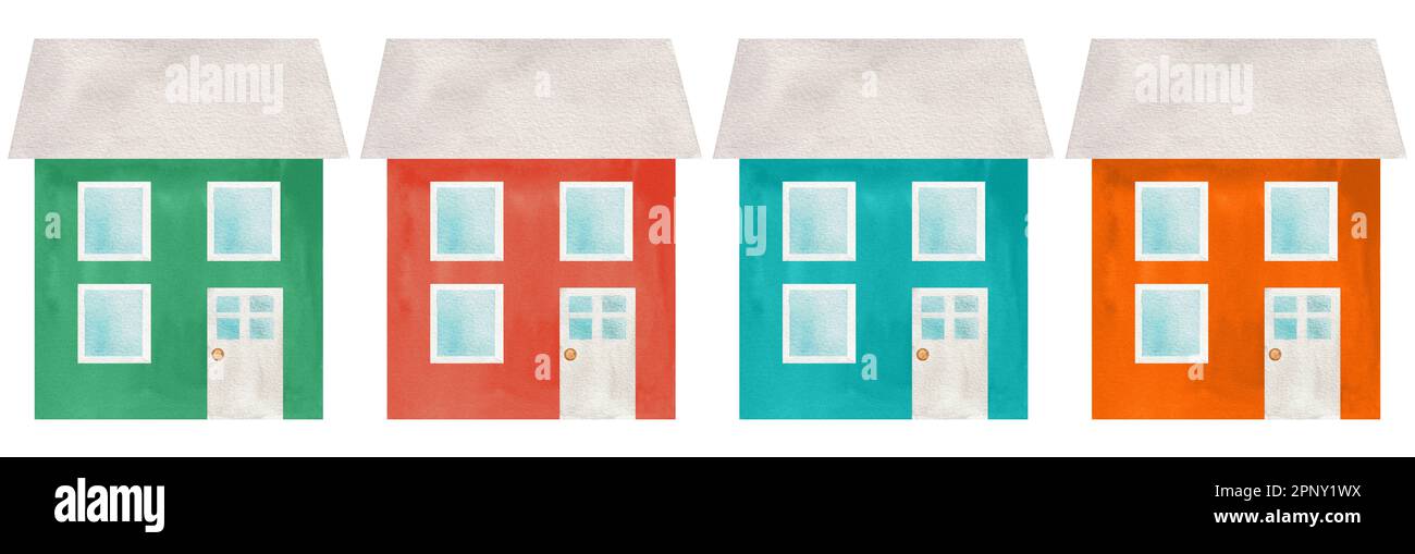 Quattro case disegnate a mano acquerello in un grezzo. Una parte della grande serie DI illustrazioni ISLANDESI Foto Stock