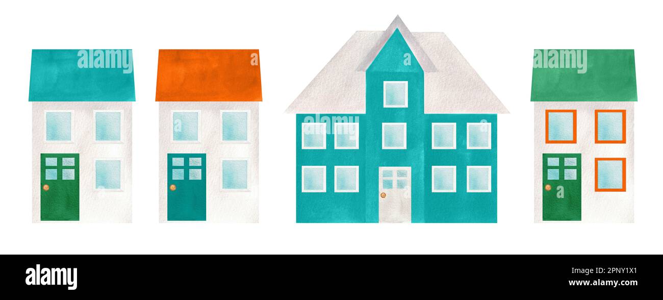 Quattro case disegnate a mano acquerello in un grezzo. Una parte della grande serie DI illustrazioni ISLANDESI Foto Stock
