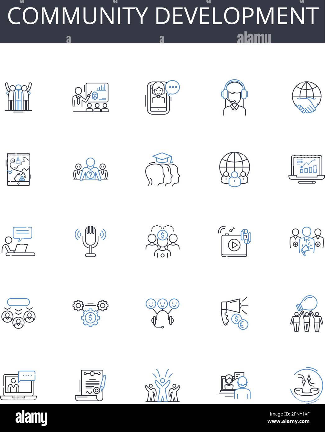 collezione di icone della linea di sviluppo della comunità. Conservazione dell'ambiente, crescita economica, responsabilità sociale, scambi culturali, riforma dell'istruzione Illustrazione Vettoriale