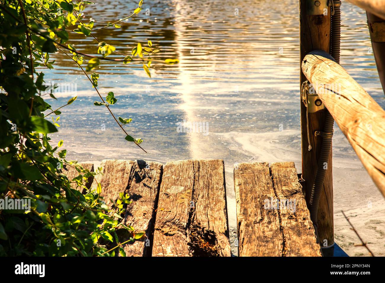 piccolo molo di legno accanto ad un lago di acqua sporca e inquinata Foto Stock
