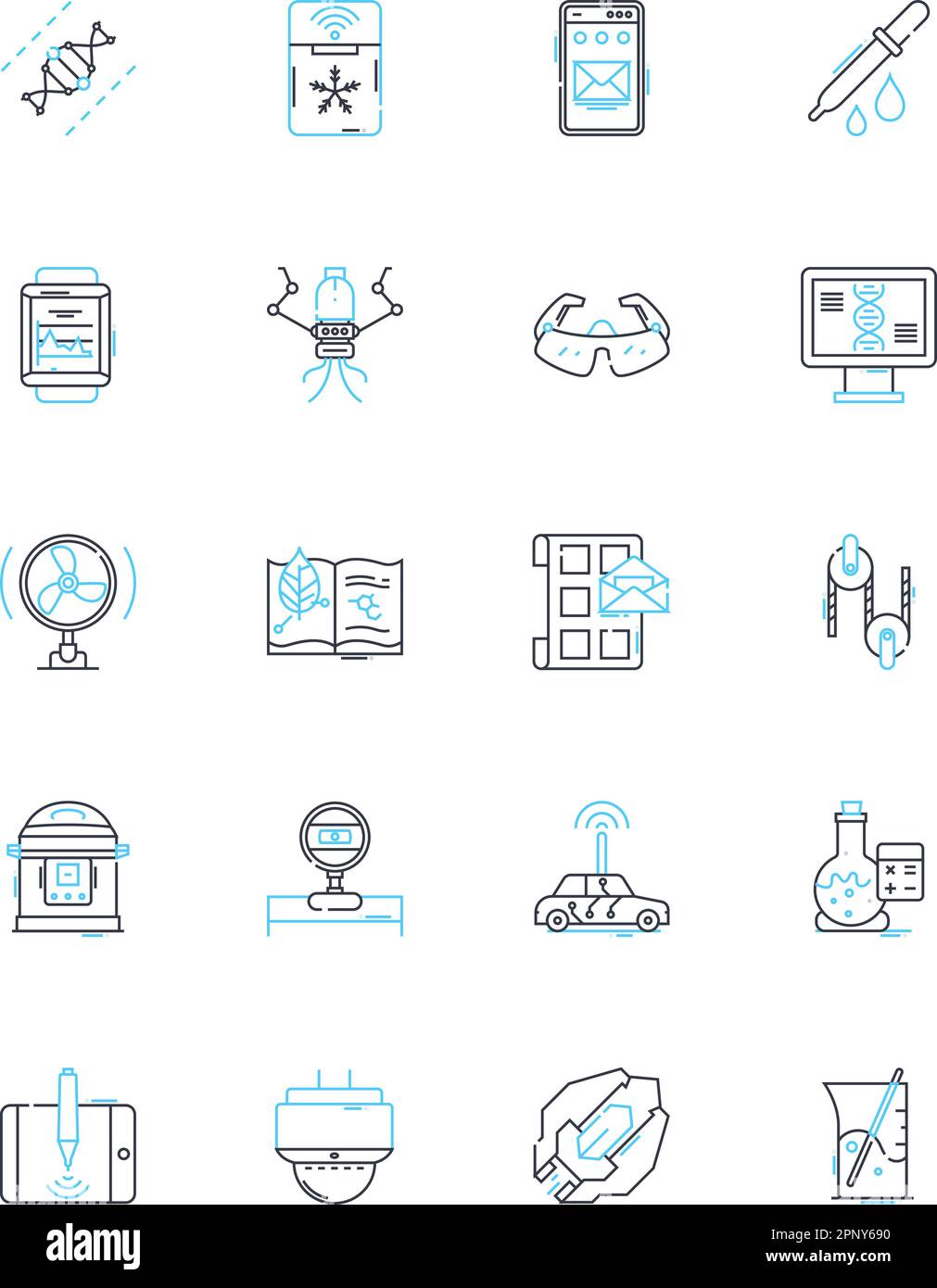 Set di icone lineari per biologia sintetica. Bioingegneria, genomica, ingegneria genetica, biotecnologia, microfluidica, Metabolismo, vettore di linea di biosensori e. Illustrazione Vettoriale