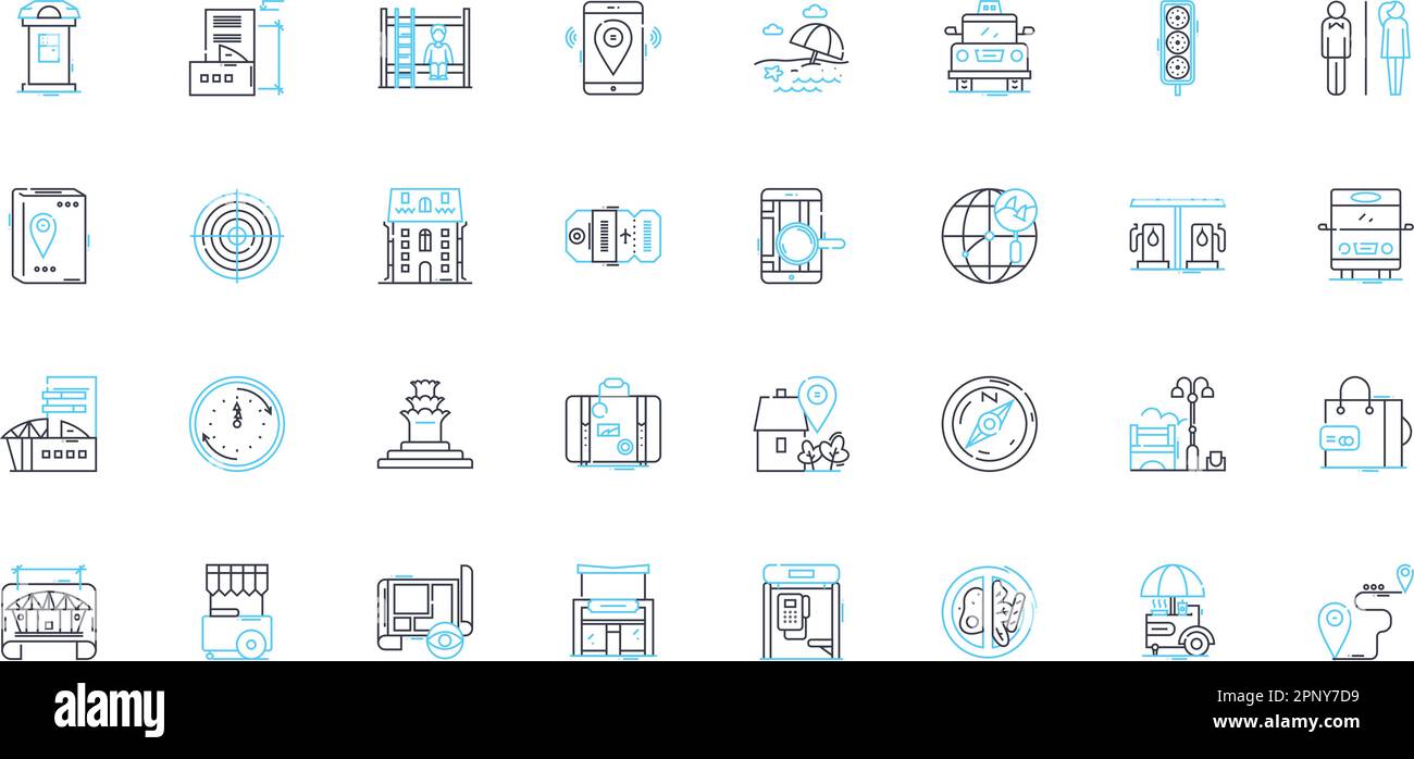 Set di icone lineari per piani urbani. Sostenibilità, sviluppo, densità, infrastruttura, zoning, Ambiente, linee di trasporto vettori e segnali concettuali Illustrazione Vettoriale