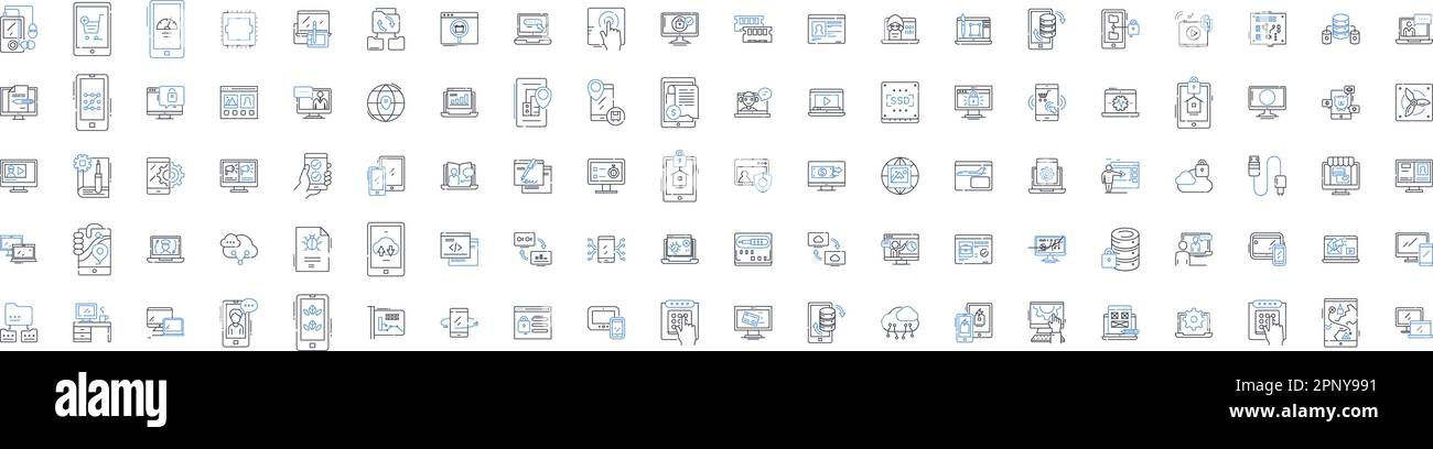 Collezione di icone della linea hardware del computer. Processore, scheda madre, grafica, memoria, storage, Potenza, vettore di raffreddamento e illustrazione lineare. Suono Illustrazione Vettoriale