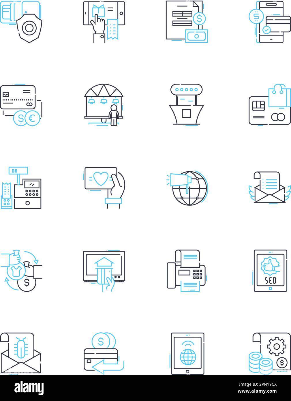 Icone lineari di pagamento senza contanti. Digitale, senza contatto, mobile, NFC, portafoglio, Transfer, vettore di linea elettronico e segnali concettuali. Senza carta di credito Illustrazione Vettoriale