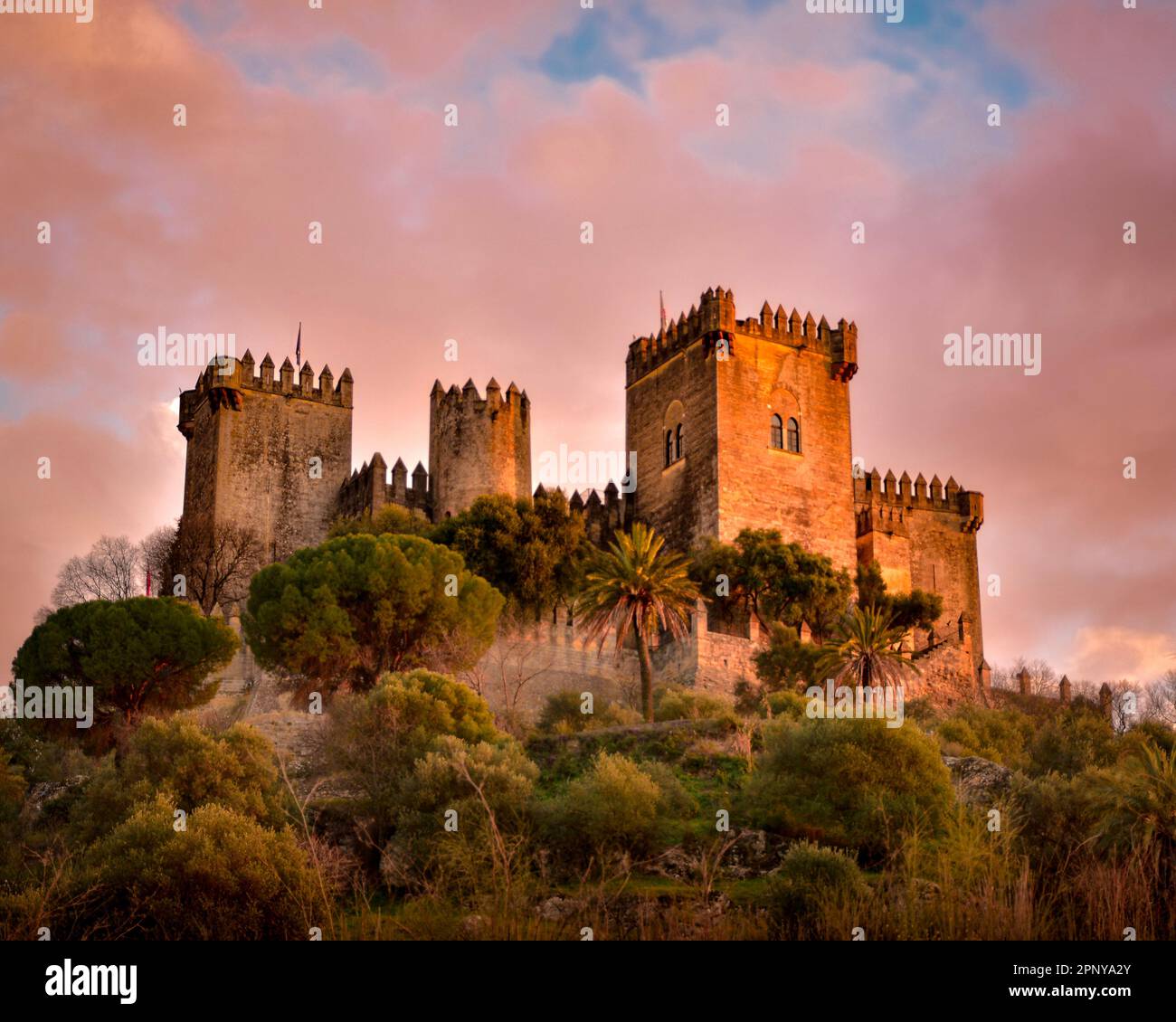 Castello medievale in cima a una collina al tramonto Foto Stock