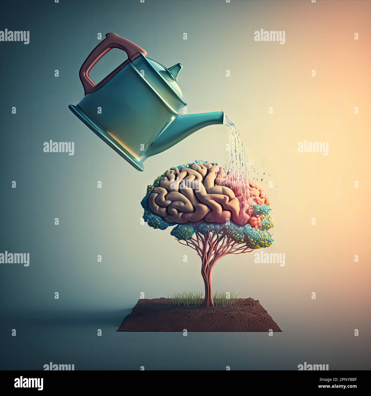 Cervello che assomiglia ad un albero con un innaffiamento può versare acqua. Crescita della creatività, migliore utilizzo della funzione cerebrale e del concetto di miglioramento della memoria. Foto Stock