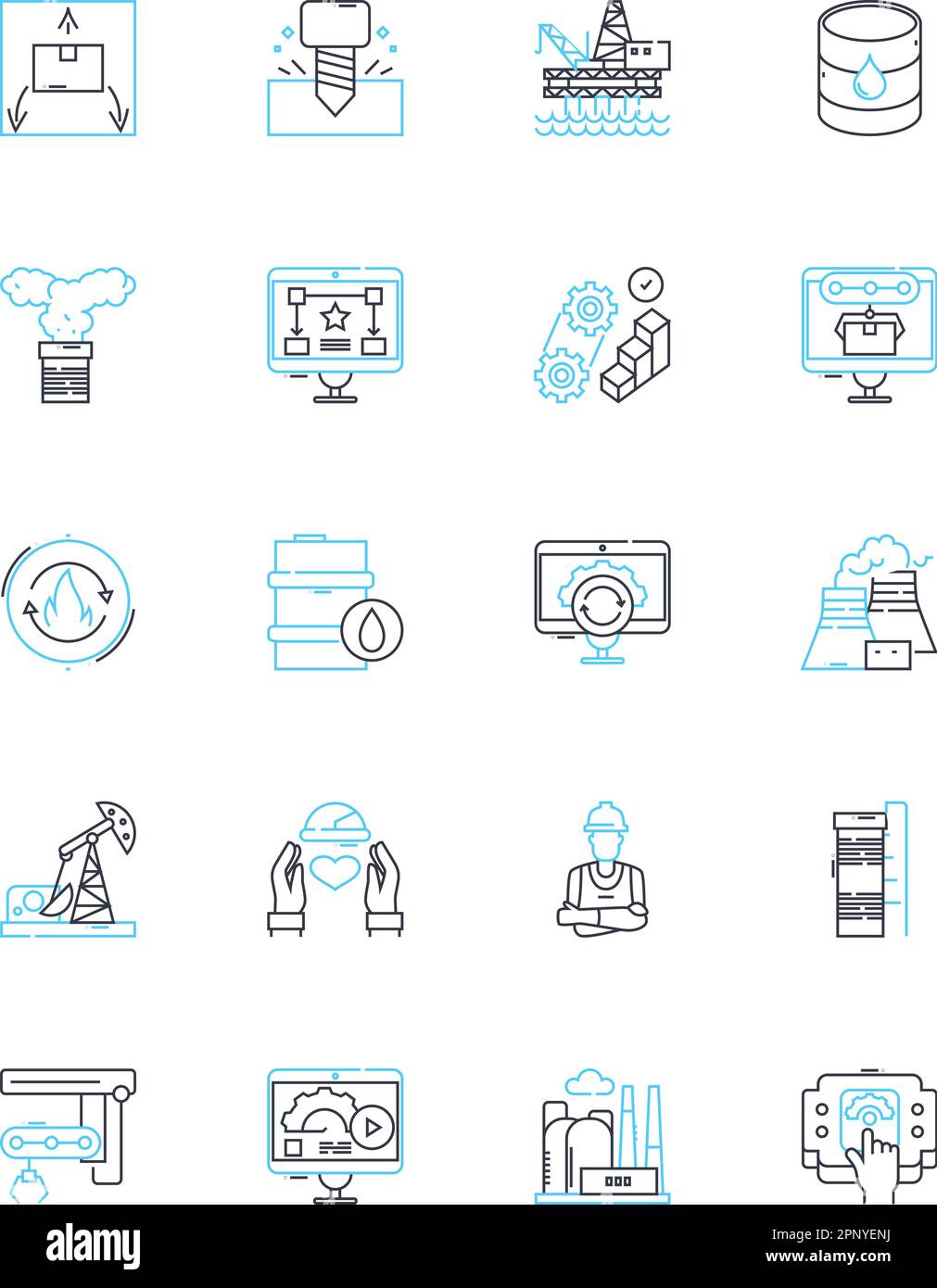 Set di icone lineari automatizzate del settore. Robotica, automazione, assemblaggio, produzione, produzione, Controllo, vettore di linea di lavorazione e segnali concettuali Illustrazione Vettoriale