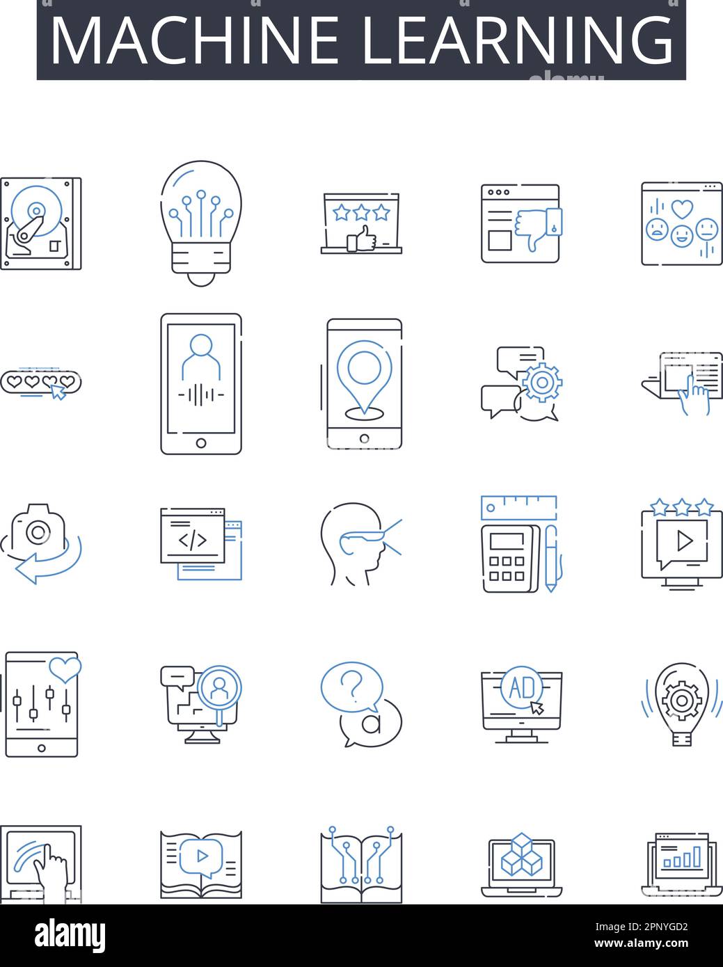 raccolta di icone della linea di apprendimento automatico. Intelligenza artificiale, apprendimento automatizzato, data mining, analisi dei dati, deep learning, Linguaggio naturale Illustrazione Vettoriale