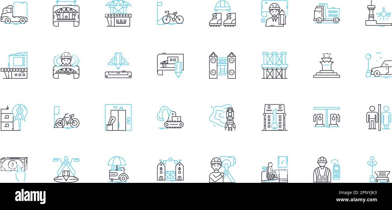 Set di icone lineari a struttura metropolitana. Paesaggio urbano, architettura, Trasporti, urbanizzazione, Gridlock, Densità, vettore di linea affollato e concetto Illustrazione Vettoriale