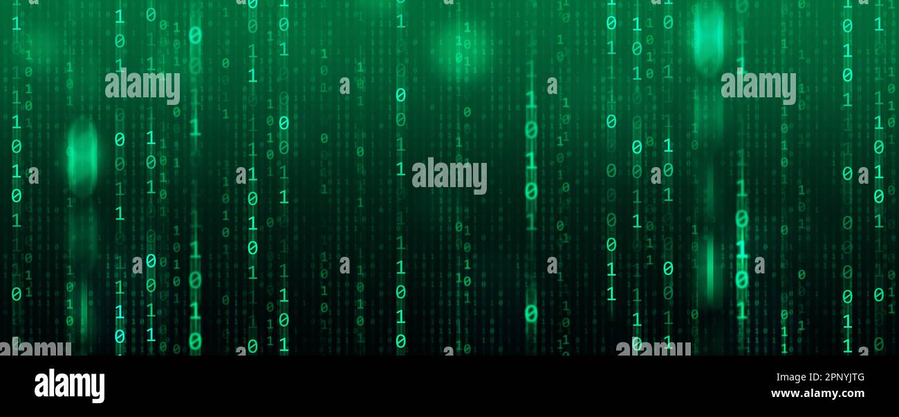 Background di codice binario, una sequenza di zero e un numero su sfondo verde. Numeri della matrice del calcolatore. Il concetto di codifica e cybersecur Foto Stock