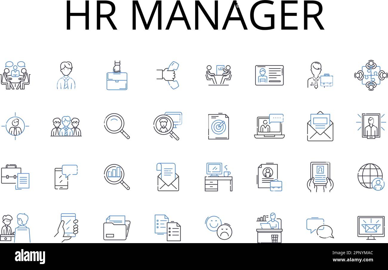 Raccolta delle icone delle linee del manager delle risorse umane. Direttore marketing, responsabile vendite, responsabile progetto, analista aziendale, consulente IT, Specialista finanziario, operazioni Illustrazione Vettoriale