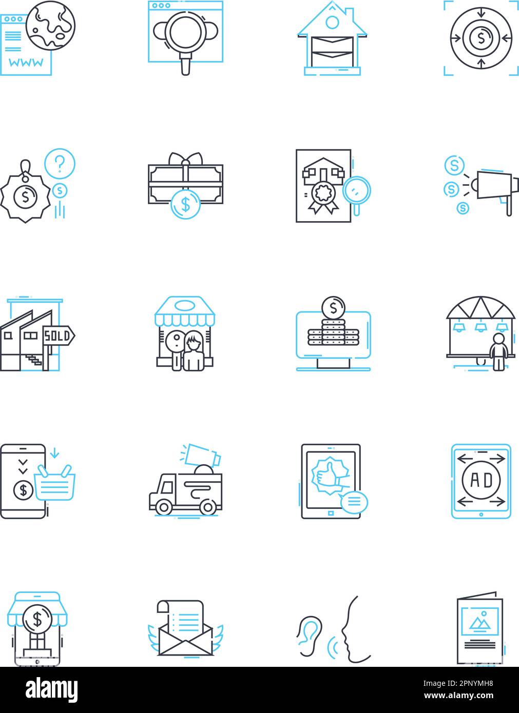 Icone lineari di branding a contrattazione set. Thrift, valore, sconto, bilancio, taglio-prezzo, Vendita, vettore di linea poco costoso e segnali di concetto. Conveniente, costo Illustrazione Vettoriale