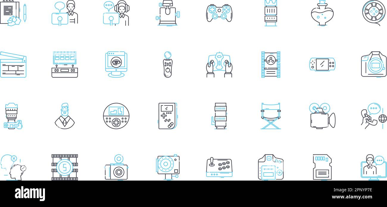 Set di icone lineari per giochi console. PlayStation, Xbox, Nintendo, Controller, Multiplayer, Avventura, vettore linea di azione e segnali concettuali. Riprese Illustrazione Vettoriale