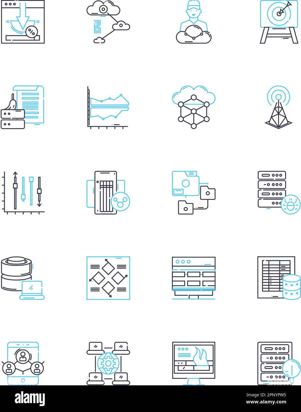 Set di icone lineari di archiviazione cloud. Backup, virtualizzazione, cloud, online, storage, Sincronizza, Condividi vettore di linea e segnali concettuali. Accessibilità,sicurezza Illustrazione Vettoriale
