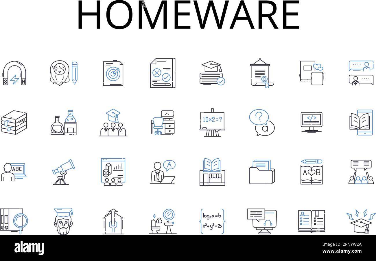 Collezione di icone linea homeware. Pentole, stoviglie, bicchieri, piatti, biancheria da letto, Illuminazione, vettoriale per mobili e illustrazione lineare. Posate Illustrazione Vettoriale