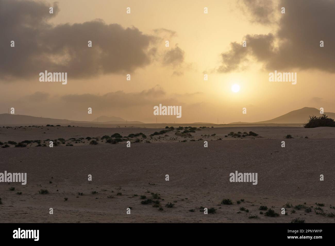 Calima tempesta di polvere sul Parco Nazionale Corralejo dune di sabbia Corralejo Fuerteventura Foto Stock