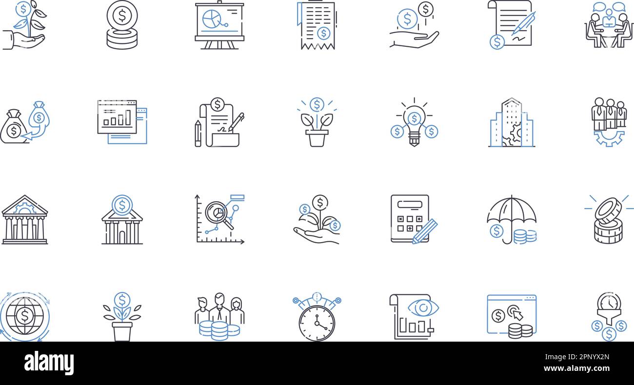Raccolta di icone della riga di contabilità. Controllo, saldo, bilancio, contanti, credito, Debito, vettore delle spese e illustrazione lineare. Previsioni, frodi, schema del reddito Illustrazione Vettoriale