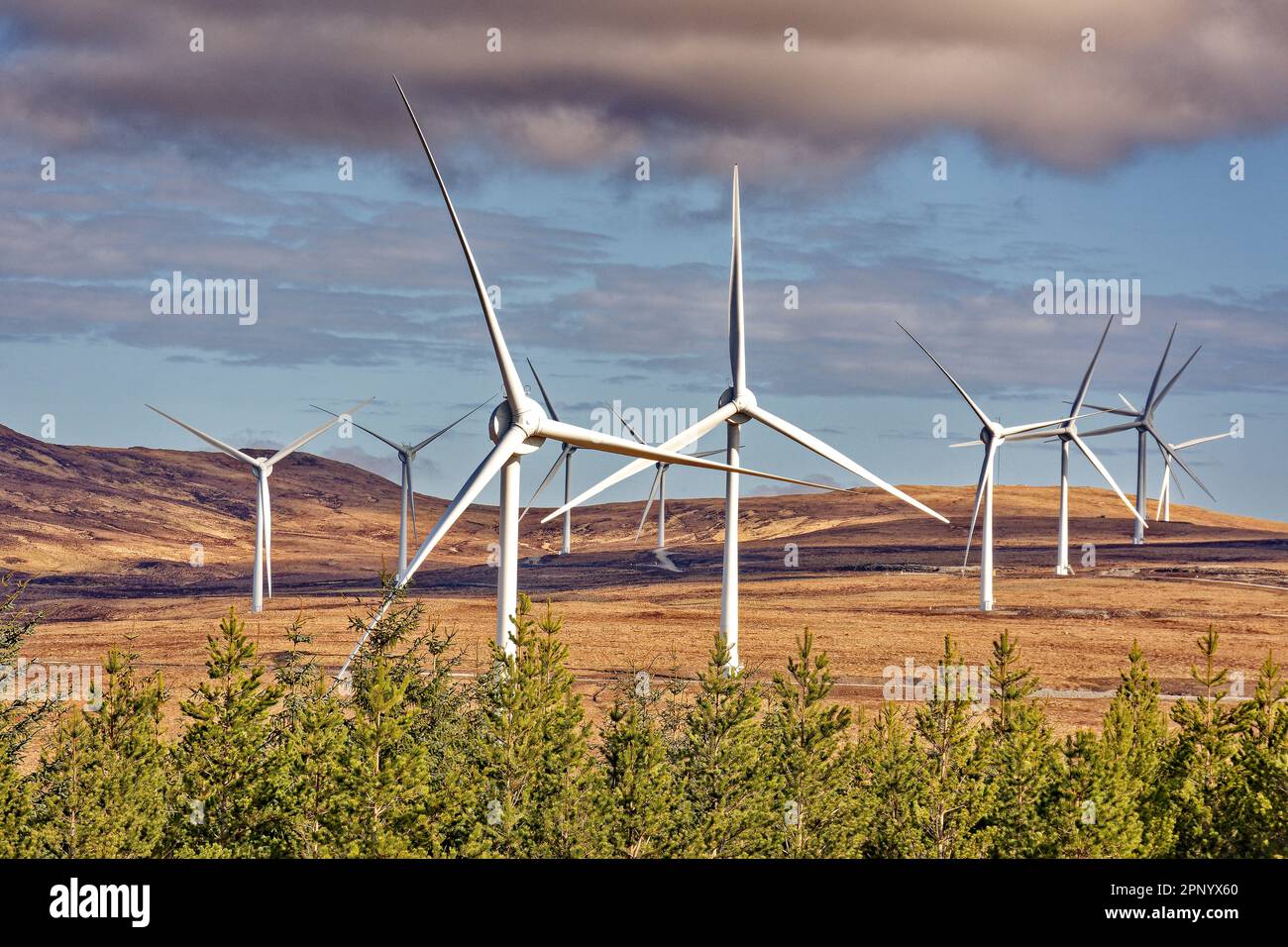 Creag riabhach Wind Farm Sutherland Scozia file di turbine eoliche bianche vicino a Crask Inn sulla strada A836 Foto Stock