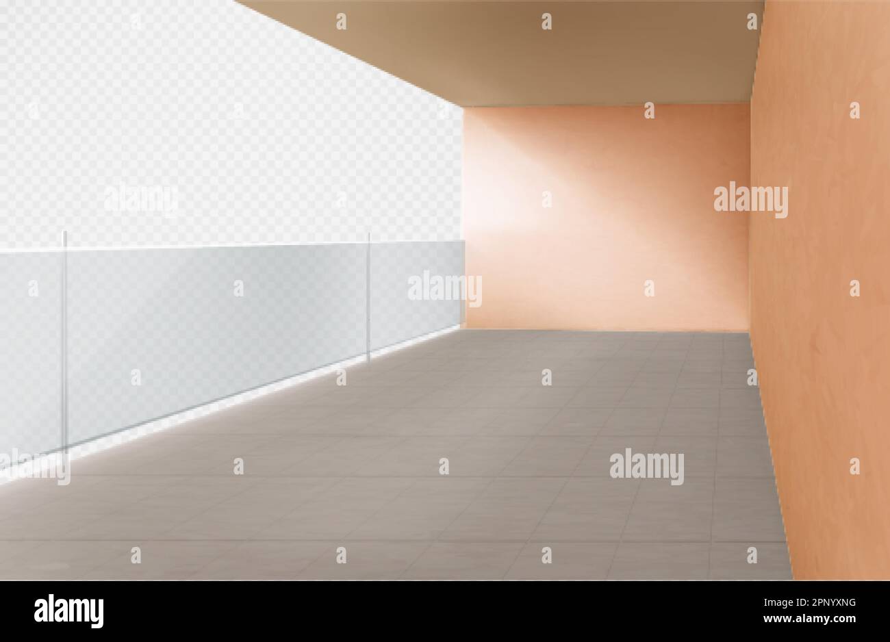 Balcone realistico con corrimano in vetro su sfondo trasparente. Illustrazione vettoriale di un terrazzo vuoto con pareti e pavimento piastrellato. urb moderna Illustrazione Vettoriale