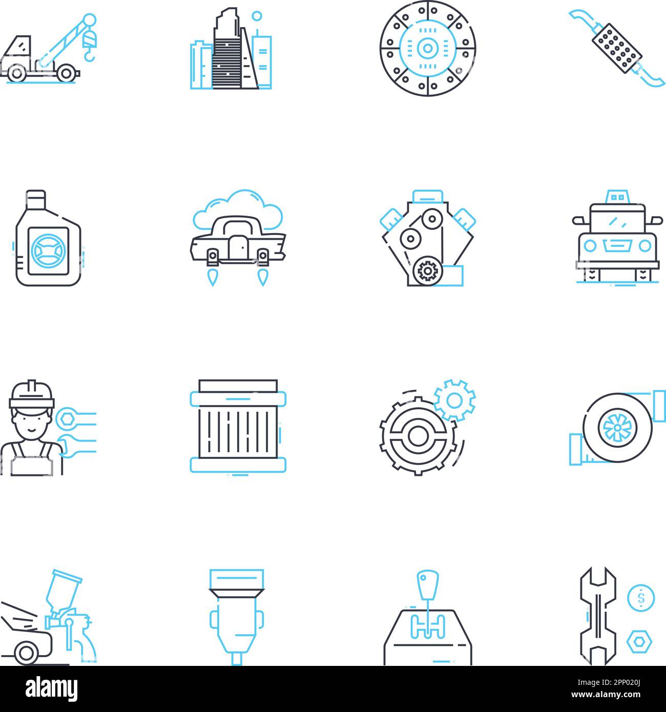 Icone lineari delle parti del motore. Pistone, albero motore, cinghia di distribuzione, albero a camme, monoblocco, Segnali vettoriali e concettuali della valvola, della linea delle candele. Aspirazione Illustrazione Vettoriale