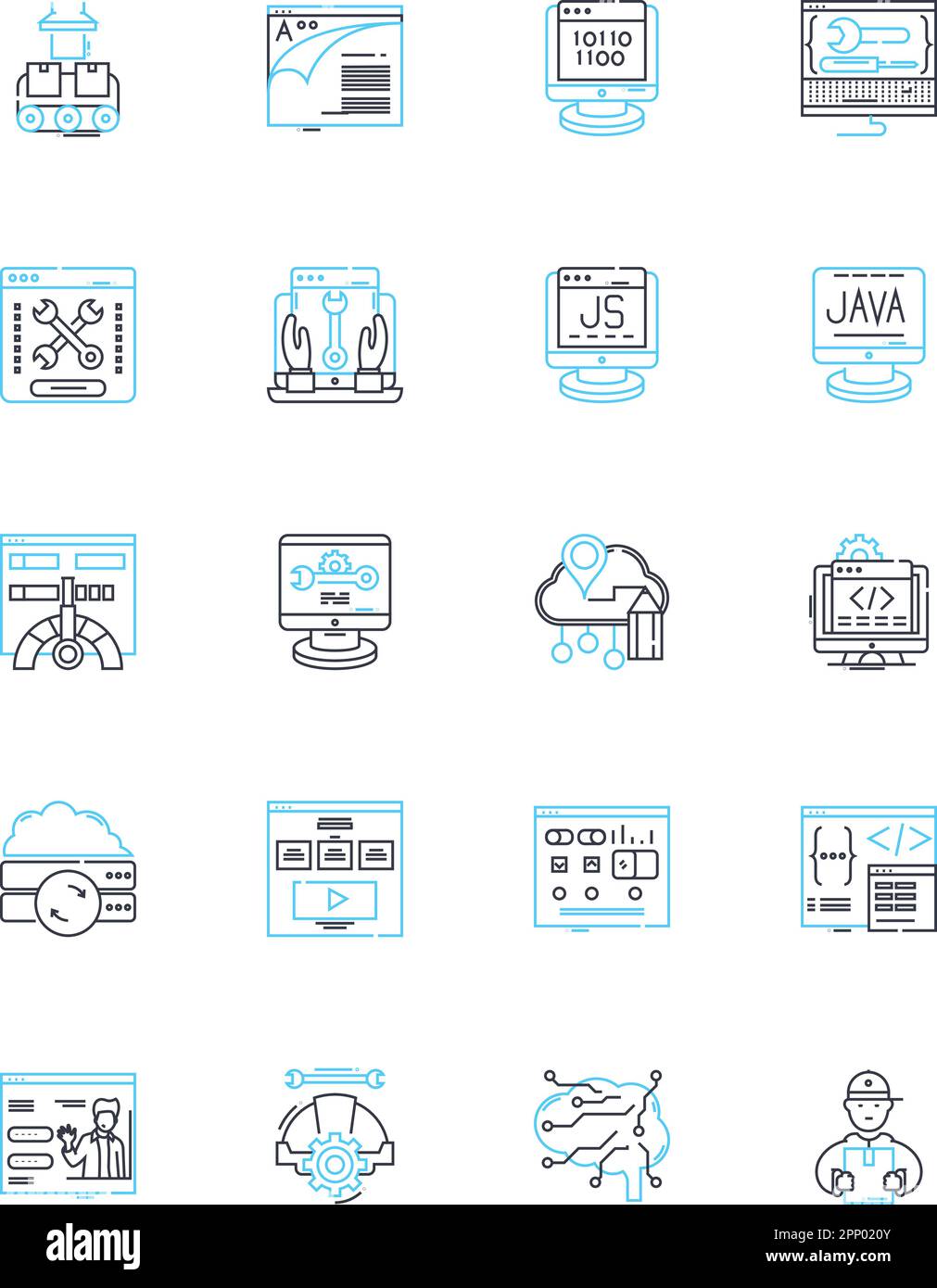 Set di icone lineari progettazione algoritmo. Ottimizzazione, calcolo, complessità, modellazione, euristica, Algoritmi, vettore di linea di dati e segnali concettuali Illustrazione Vettoriale