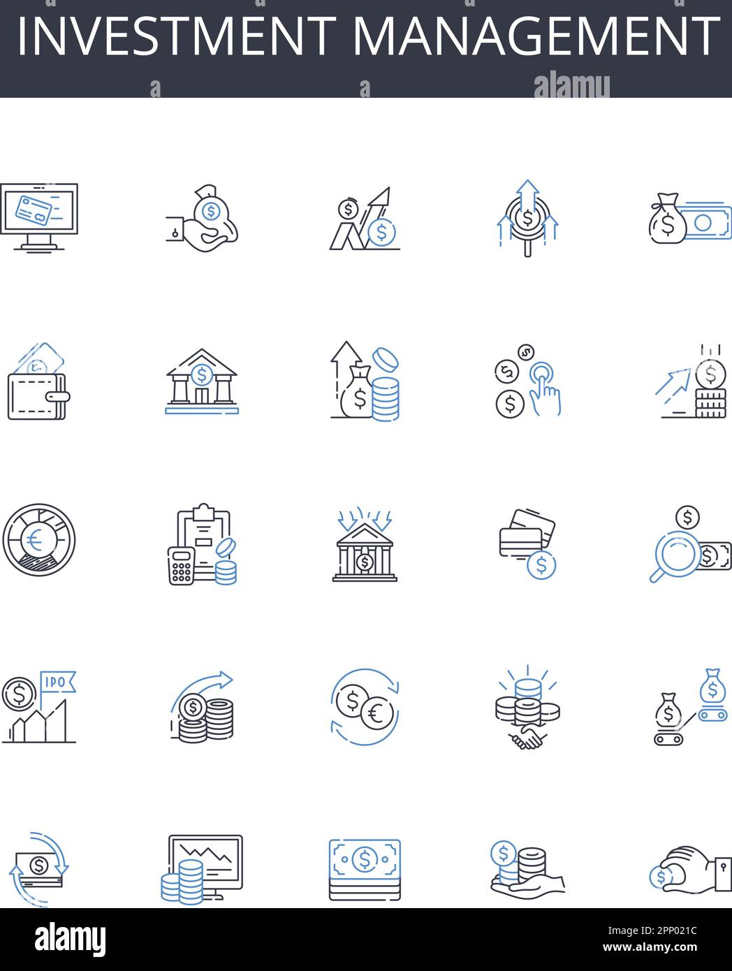 Collezione icone della linea di gestione degli investimenti. Wealth management, Asset management, Portfolio management, Financial management, My management, Capitale Illustrazione Vettoriale