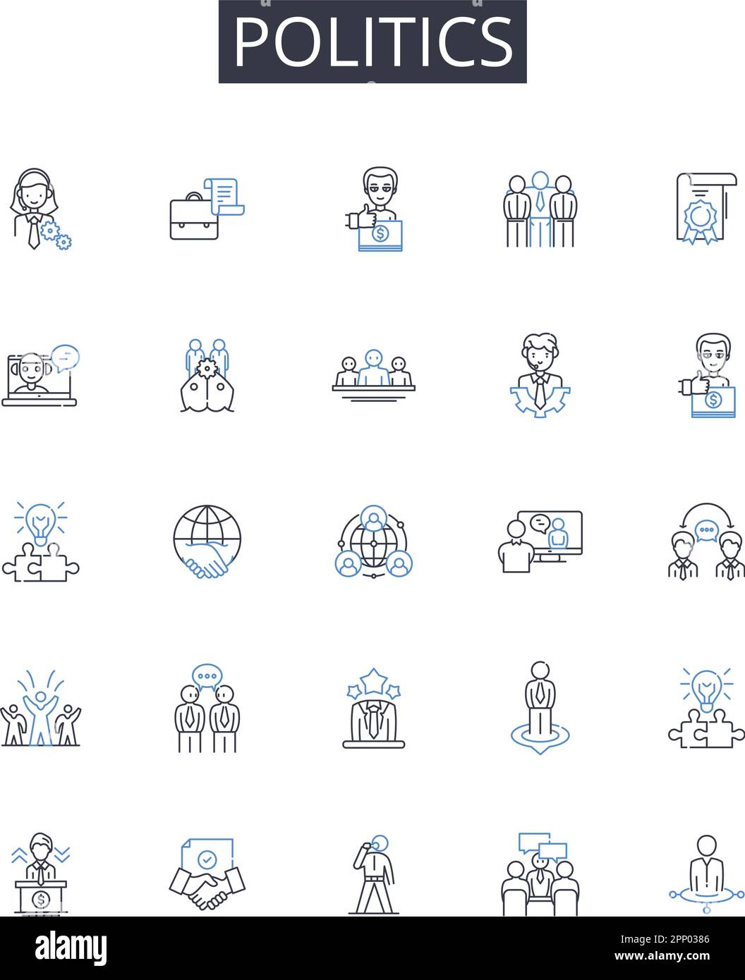 Collezione icone linea politica. Affari governativi, statecraft, Affari pubblici, società civica, scienza politica, Interesse nazionale, Politica pubblica Illustrazione Vettoriale