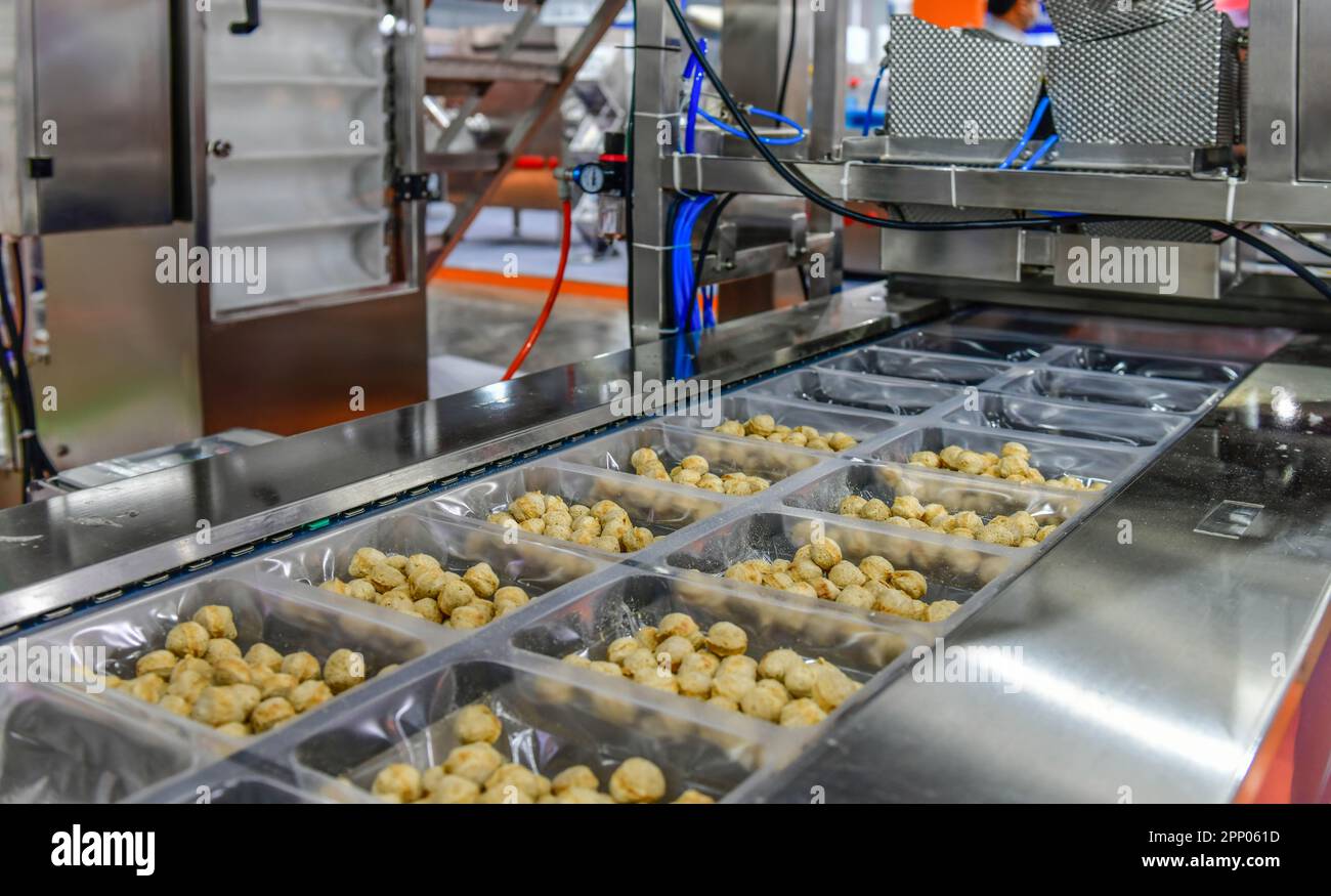 Molte polpette linea di produzione alimentare su macchine per nastri trasportatori in fabbrica, produzione alimentare industriale Foto Stock