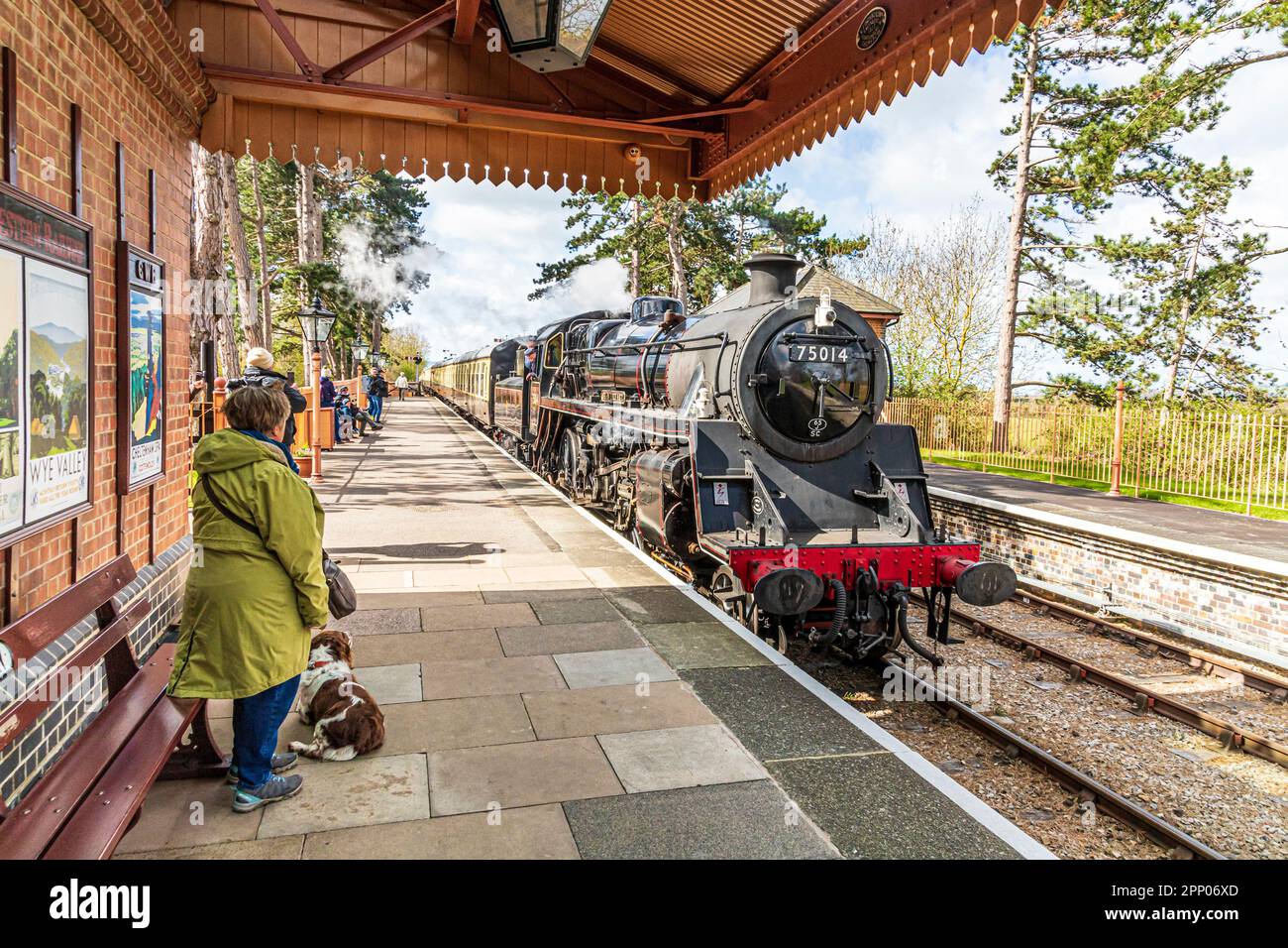 Braveheart, British Railways Standard Class 4 4-6-0 No. 75014 che si tira verso la piattaforma di Broadway Station sulla GWSR a Broadway, Worcestershire Foto Stock