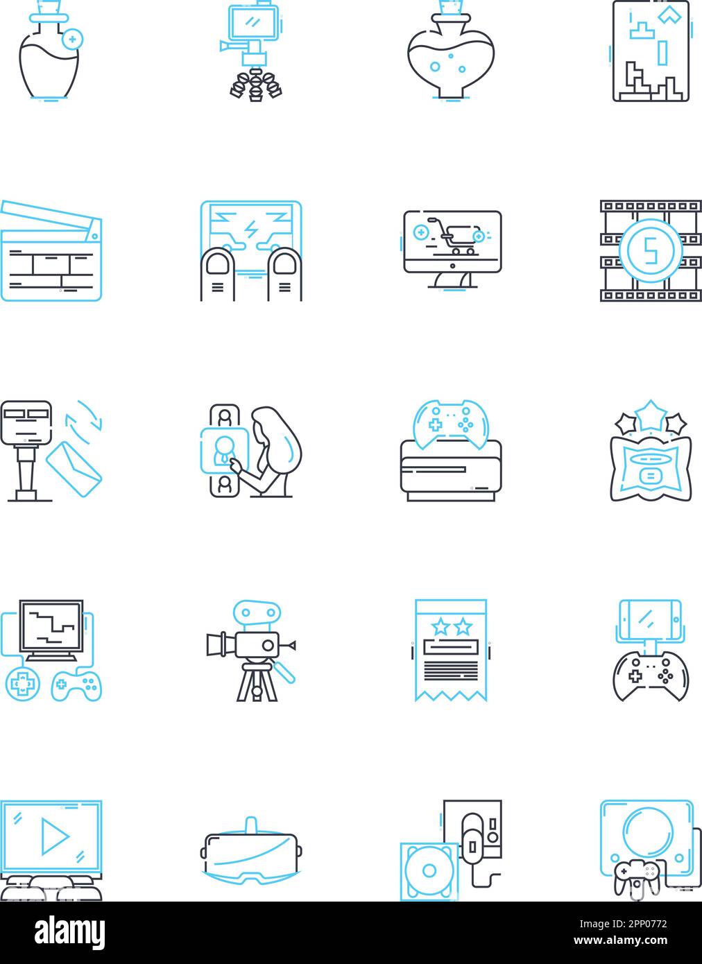 Set di icone lineari per la tecnologia di intrattenimento. Streaming, gaming, virtuale, potenziato, D, Segnali audio, video vettoriali e concettuali. Animazione,proiezione Illustrazione Vettoriale