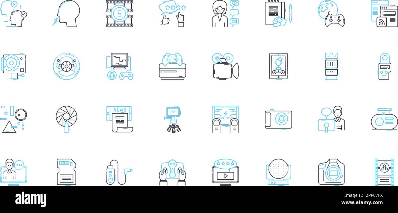 Set di icone lineari Action camera. Avventura, impermeabile, compatta, stabilizzazione, durata, HD, linee vettoriali per esterni e segnaletica concettuale. Antiurto, POV Illustrazione Vettoriale