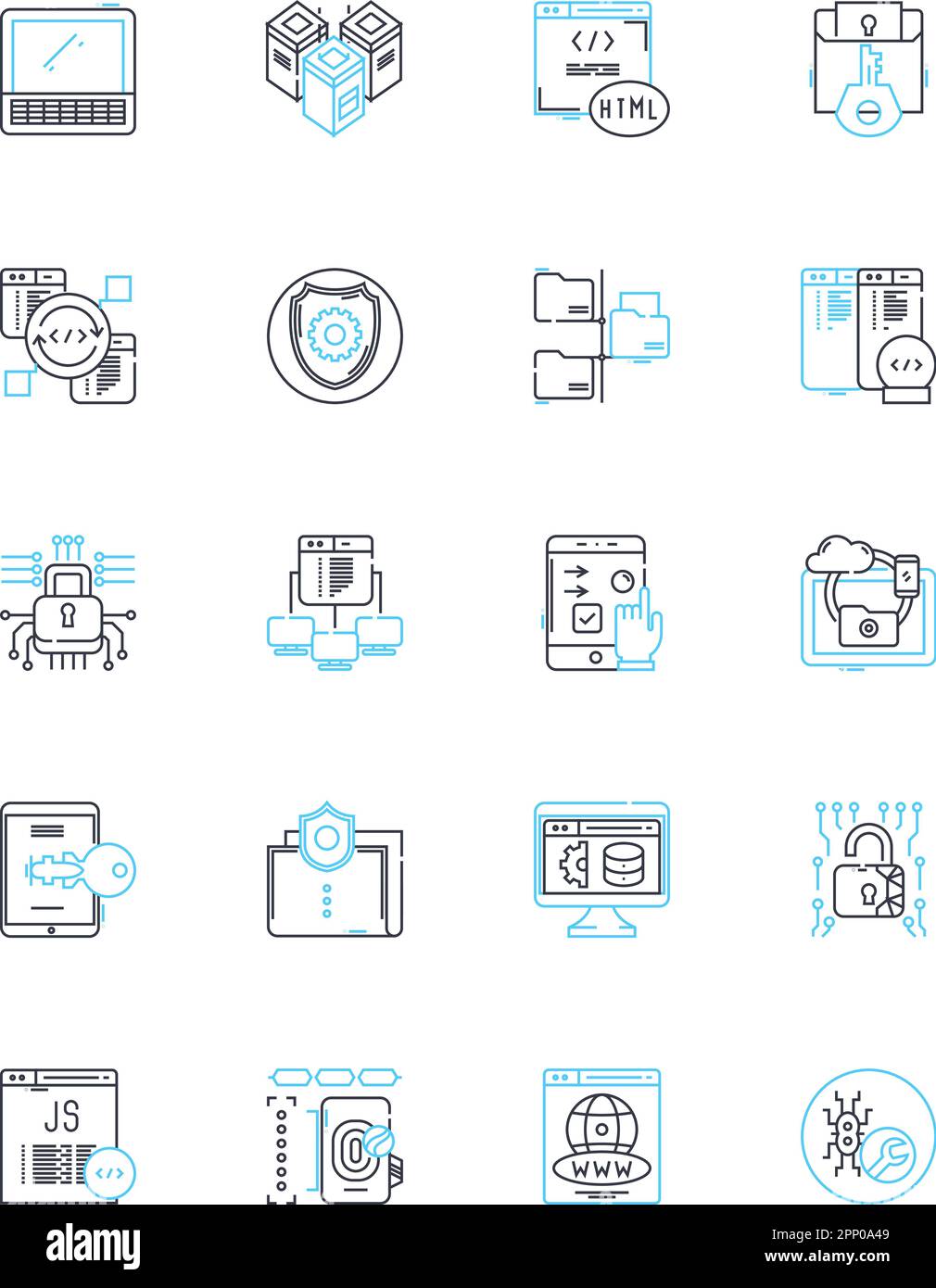 Set di icone lineari dei dati Web. Scraping, estrazione, analisi, analisi, crawling, Raccolta, vettore di linea di aggregazione e segnali concettuali. Raccolta Illustrazione Vettoriale